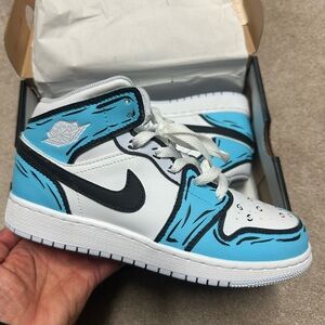 Custom Cartoon painted Kids Blue and White air Jordan Sneakers size 4.5 Y
